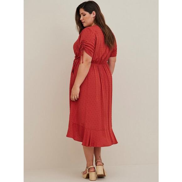 Torrid Midi Swiss Linen Surplice Dress Faux Wrap Burgundy 0 / Large / 12 - Picture 3 of 10